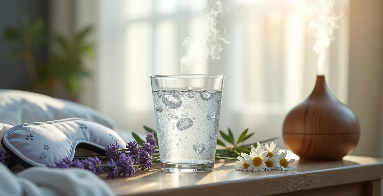 Peaceful bedroom scene with water glass and natural sleep elements representing joint recovery