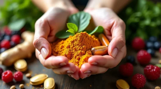Close-up of hands gently cupping herbs, supplements, and natural elements representing joint health support