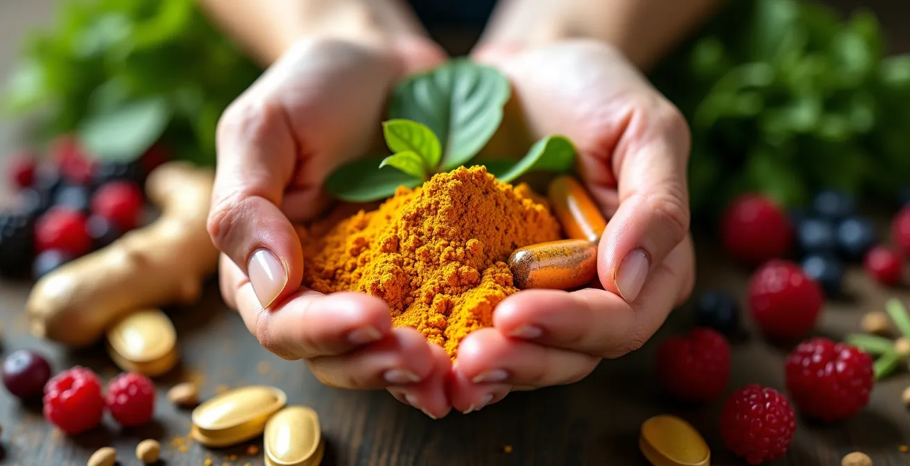 Close-up of hands gently cupping herbs, supplements, and natural elements representing joint health support