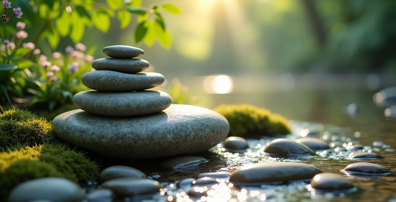 Serene meditation scene with natural elements representing stress reduction for joint health