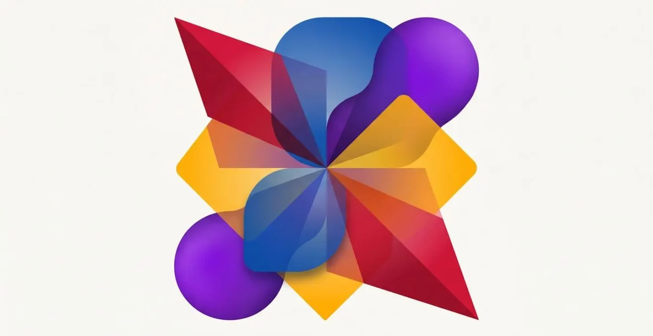 Abstract composition of overlapping translucent geometric forms in red, blue, amber and purple, creating blended colours at intersection points, representing symptom pattern combinations and diagnostic interpretation