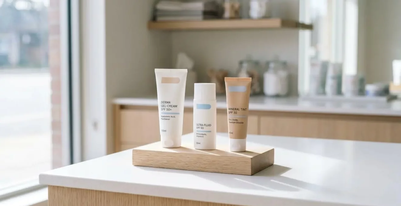 Dermatological sunscreen bottles arranged on white pharmacy counter with natural window light, displaying varied formulation textures for sensitive oily skin selection