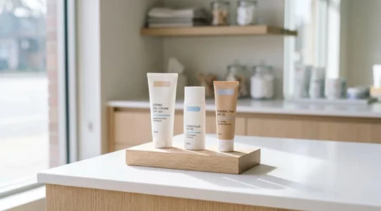 Dermatological sunscreen bottles arranged on white pharmacy counter with natural window light, displaying varied formulation textures for sensitive oily skin selection