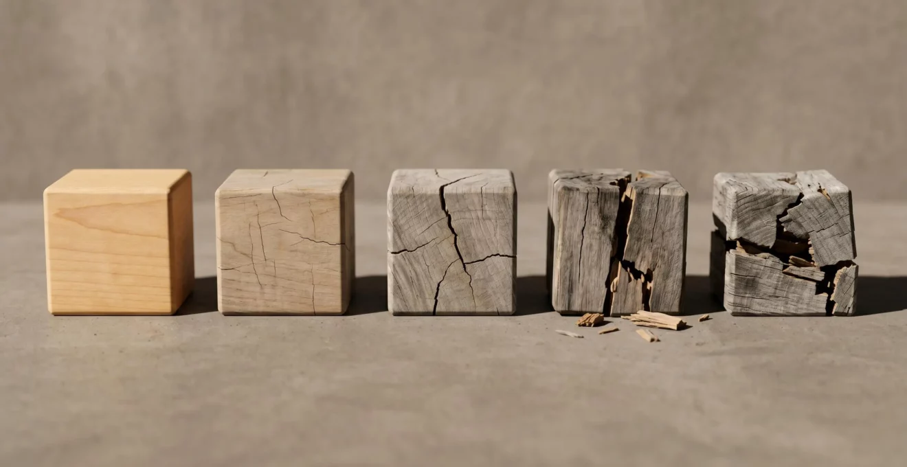 Five wooden blocks in sequence showing progressive deterioration from pristine to collapsed, with lengthening shadows indicating time passage and accelerating structural damage