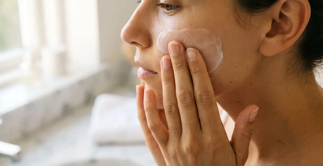 Hands applying lightweight gel-cream sunscreen to cheek, demonstrating proper facial application technique for combination skin in natural morning light