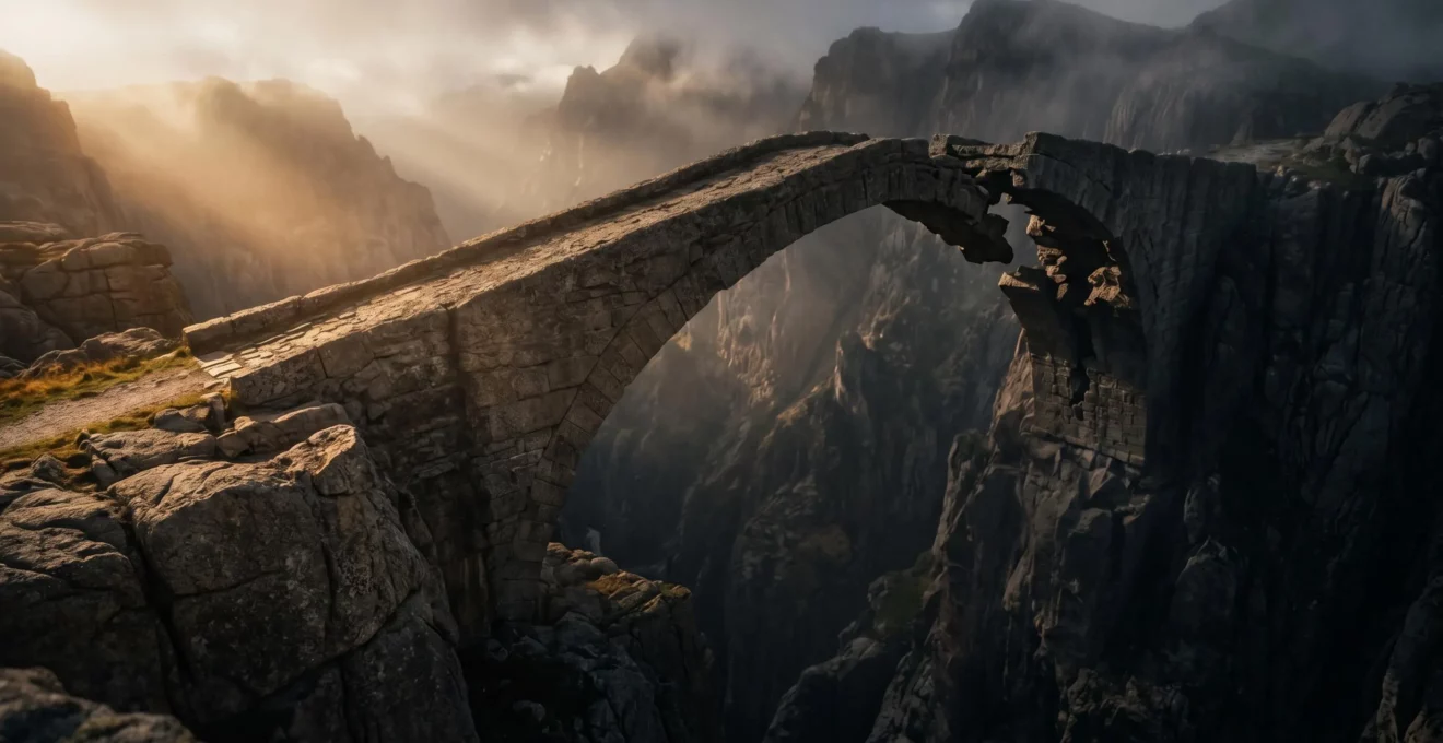 Stone bridge spanning widening crevasse at dawn, with intact near side and eroding far side showing progressive structural gaps, symbolising critical decision timing