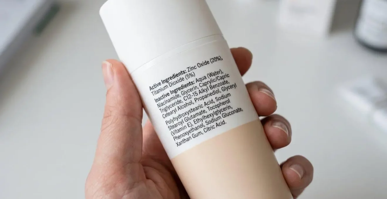 Close-up of sunscreen ingredient label being read, showing INCI nomenclature list including zinc oxide and niacinamide for product evaluation